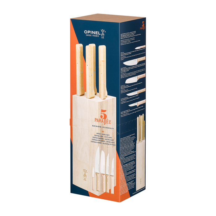 Opinel Kitchen Collection - Parallèle Meat Wood Block + 5 knives Set (paring, chef, santoku, carving and meat & poultry knife)