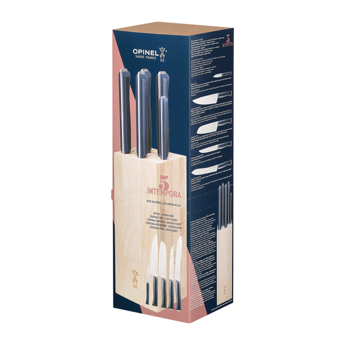 Opinel Kitchen Collection - Intempora Wood Block + 5 knives Set (paring, chef, santoku, carving and bread knife)