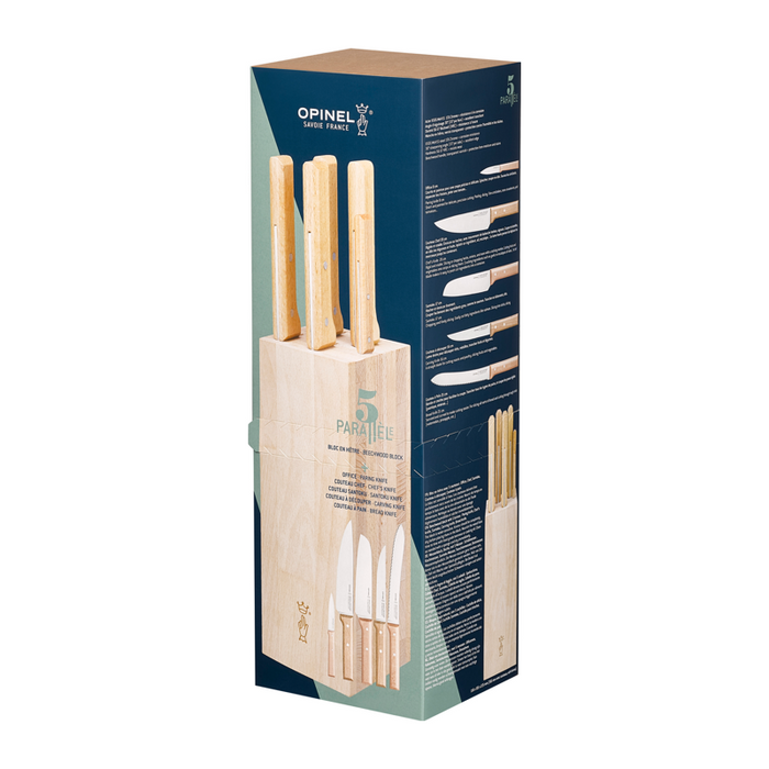 Opinel Kitchen Collection - Parallèle Bread Wood Block + 5 knives Set (paring, chef, santoku, carving and bread knife)