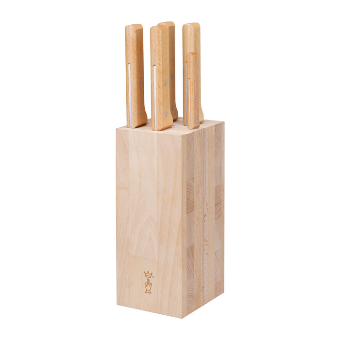 Opinel Kitchen Collection - Parallèle Meat Wood Block + 5 knives Set (paring, chef, santoku, carving and meat & poultry knife)